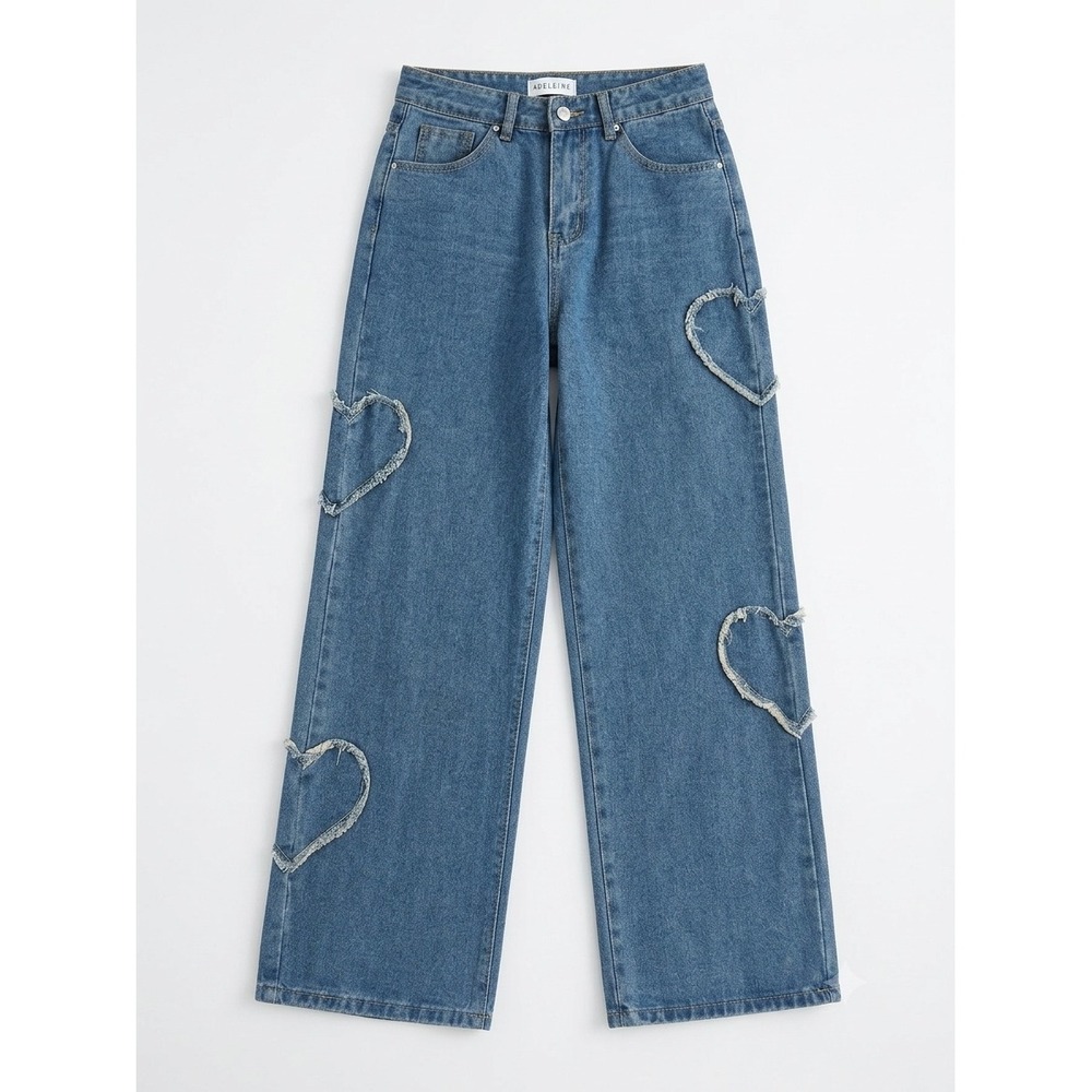Angel Kiss Heart Cut Out Wide Leg Jeans Medium Wash Y2K High Waist Size 00/23